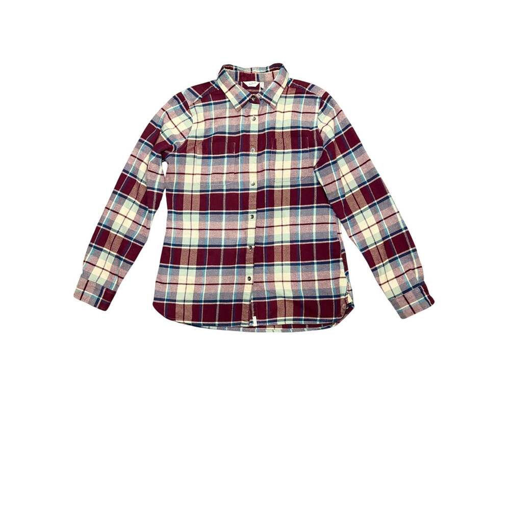 Woolrich Womens Plaid Flannel Button Up Shirt M Fig Burgundy Cream Navy Cotton
